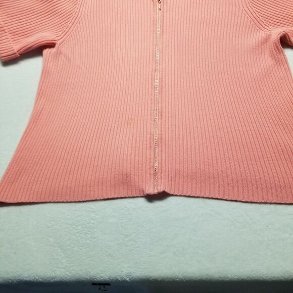Quacker Factory 1X Cardigan Sweater Full Zip Jeweled Rib Knit Classic Coral Pink - Picture 2 of 9
